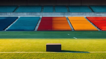 Fototapeta premium Empty Stadium Seats with a Black Box on Green Field