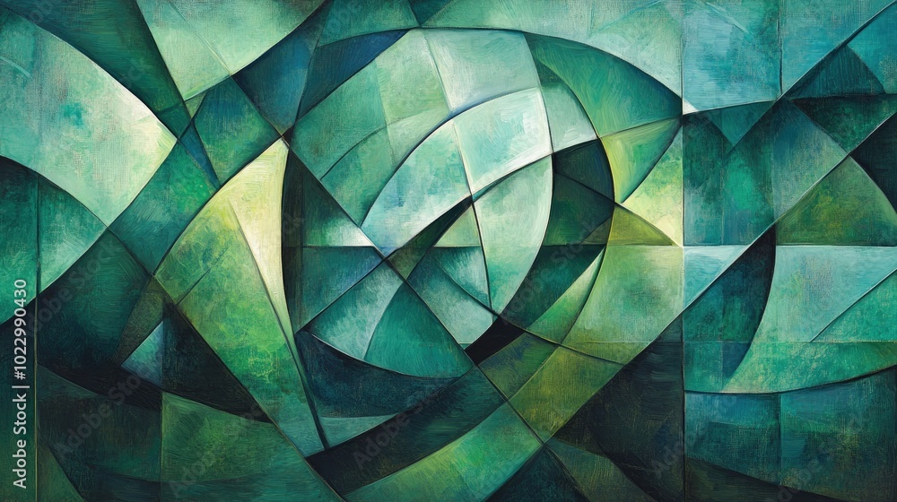 Poster abstract painting featuring a beautiful geometric background in shades of green and blue accented by