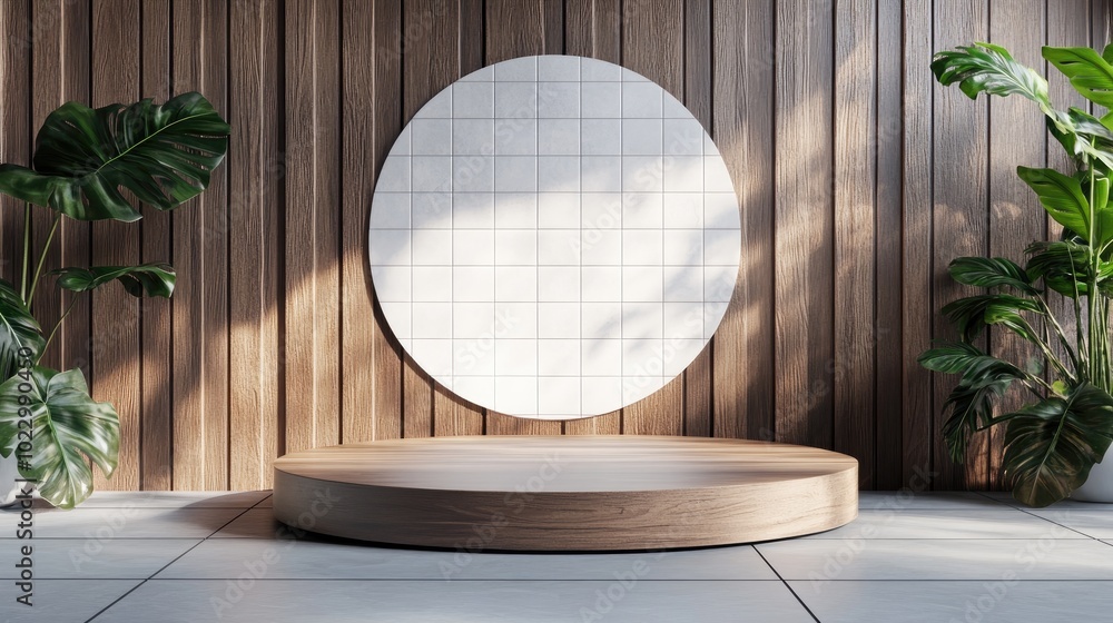 Aufkleber 3D abstract background for product branding and presentation Minimalistic podium mockup scene featuring an empty space with a tile wall and wood accents designed for advertising purposes 3D render