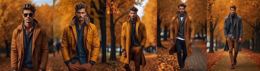 Different poses of man wearing a brown coat walks down a leaf-strewn path in a picturesque autumn setting.