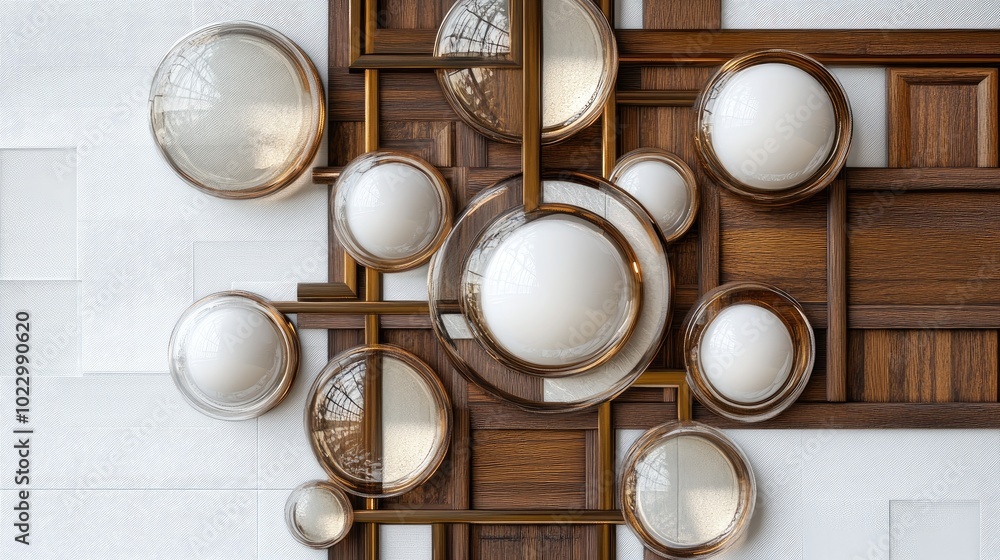Aufkleber abstract vintage decorative wood and glass composition on a white square backdrop 3d rendering