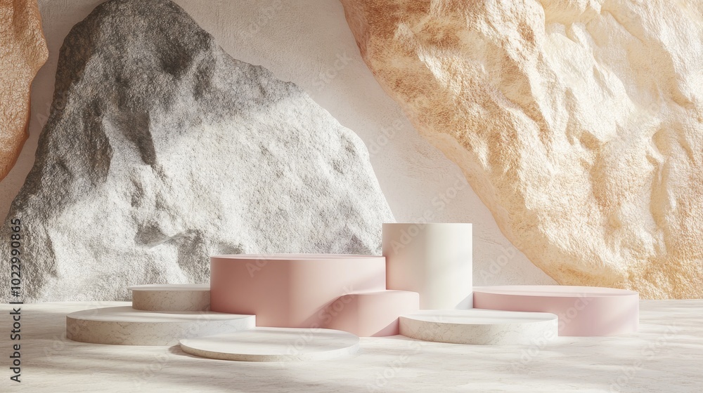Aufkleber Abstract pastel geometric shapes in a stone and rock texture background minimalist mockup suitable for podium display or showcase 3D rendering