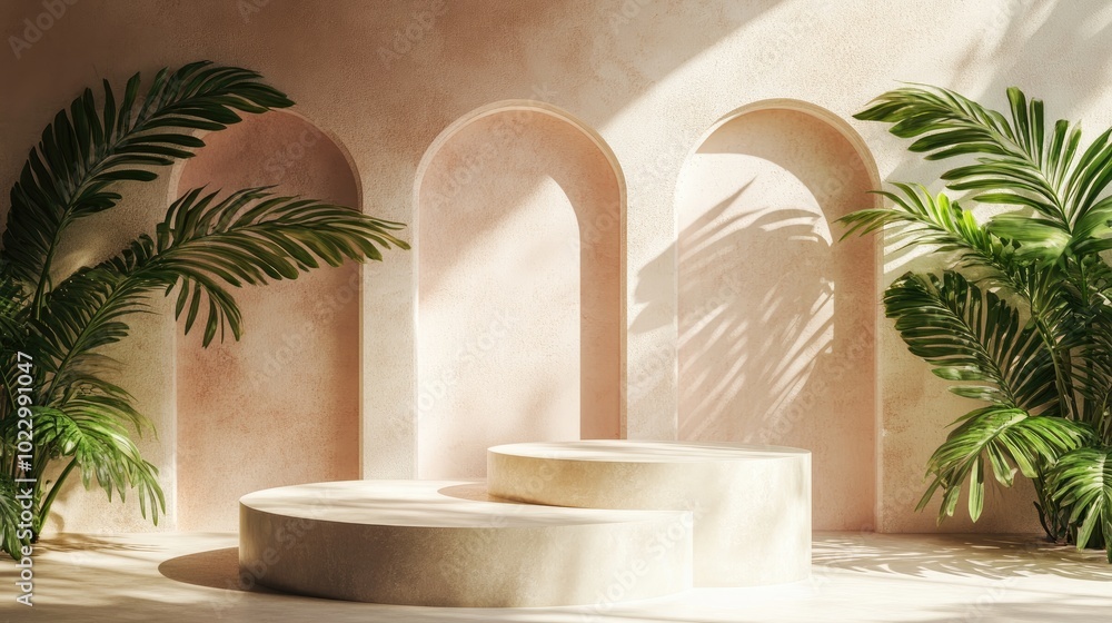 Aufkleber 3d rendered podium and showcase featuring shadows against a pastel backdrop with tropical plant leav