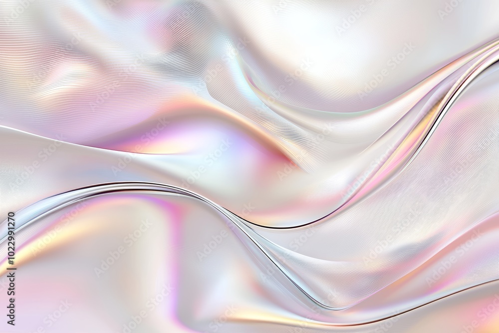 Poster pearlescent abstract pattern, flowing liquid-like shapes in soft rainbow tones, shiny and reflective