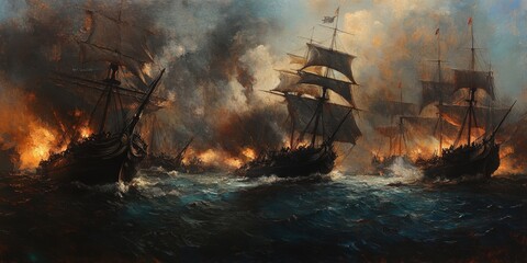 Obraz premium Sailing ships in a fiery sea battle.
