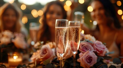 Champagne Toast: Elegant Wedding Celebration with Crystal Glasses and Floral Decorations