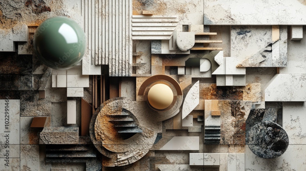 Poster Abstract composition of mixed 3D geometric shapes with various textures