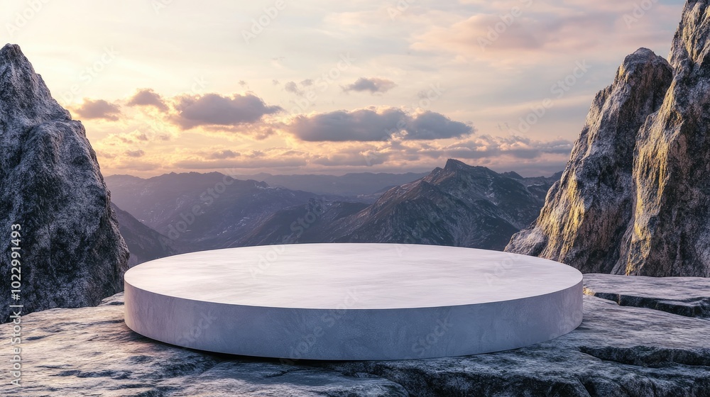 Poster 3D rendered platform and natural podium background on a mountain cliff for product showcase blank display mock up template or cosmetic presentation featuring an empty round stage