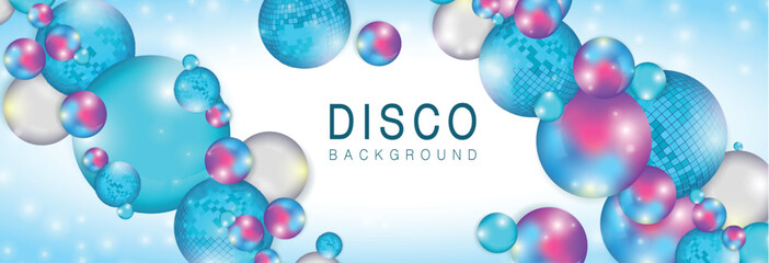 3D abstract background with holographic blue spheres and disco ball spheres. Disco ball background. Disco party poster. Vector illustration