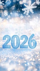 2026 year in icy blue letters, with snowflakes falling around, representing a winter wonderland 