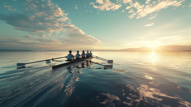 A group of people are rowing a boat on a lake