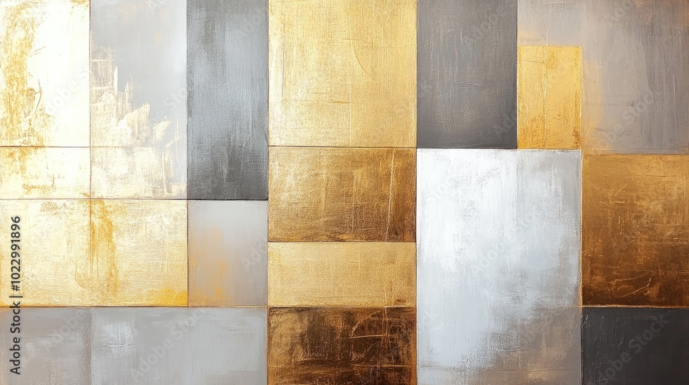 Poster Abstract painting featuring geometric patterns in gold and light gray tones on canvas Ideal for modern wall decor including wallpapers murals and carpets