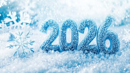 2026 year in icy blue letters, with snowflakes falling around, representing a winter wonderland 