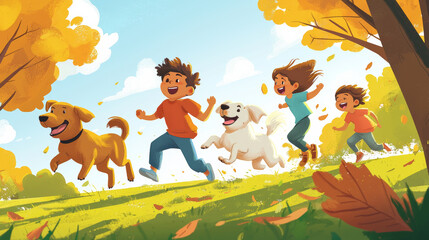 Fototapeta premium Running joyfully in vibrant park, kids and dogs share playful moment amidst colorful autumn leaves. scene captures essence of happiness and freedom