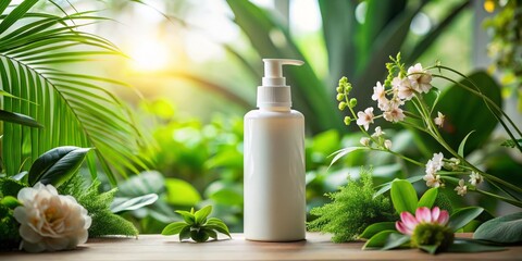Chic and eco-friendly cosmetic bottle adorned with flowers and indoor plants, ideal for storing your natural beauty products while enhancing your self-care routine with a charming touch.