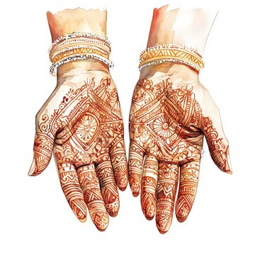 Watercolor illustration of henna design on hands with traditional Indian bangles.
