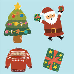 cute christmas elements - santa claus, christmas tree decoration, sweater and gifts boxes