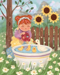 Girl in the garden is watering ducks bathing in a bathtub with a watering can