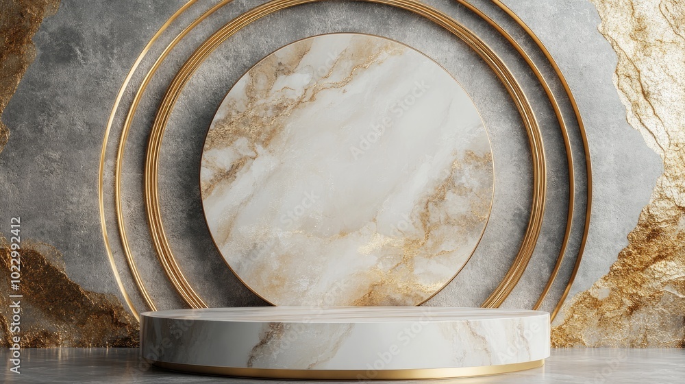 Poster Black white and gold cylindrical product display featuring a luxury concept with an abstract geometric background circular frame pedestal podium and stand in 3D rendering