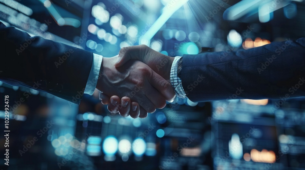 Poster two men shaking hands in front of a computer screen
