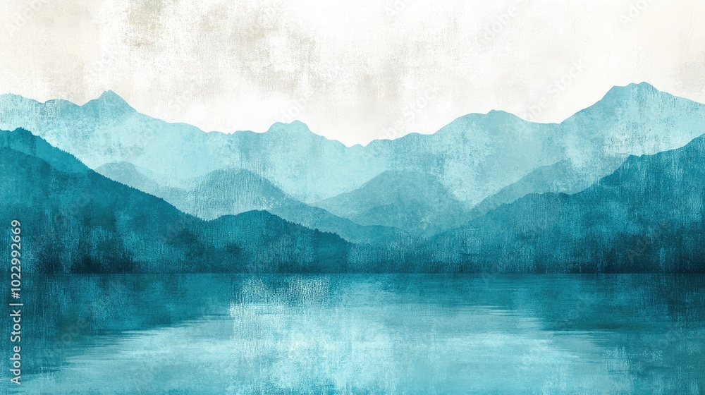 Poster Abstract landscape featuring a cyan sky and mountains with a horizontal texture background Colorful pristine glass print that evokes a vintage gaming aesthetic