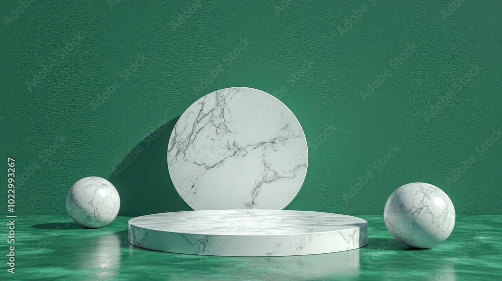 Poster 3d abstract white marble pedestal set against a green backdrop 3d rendering