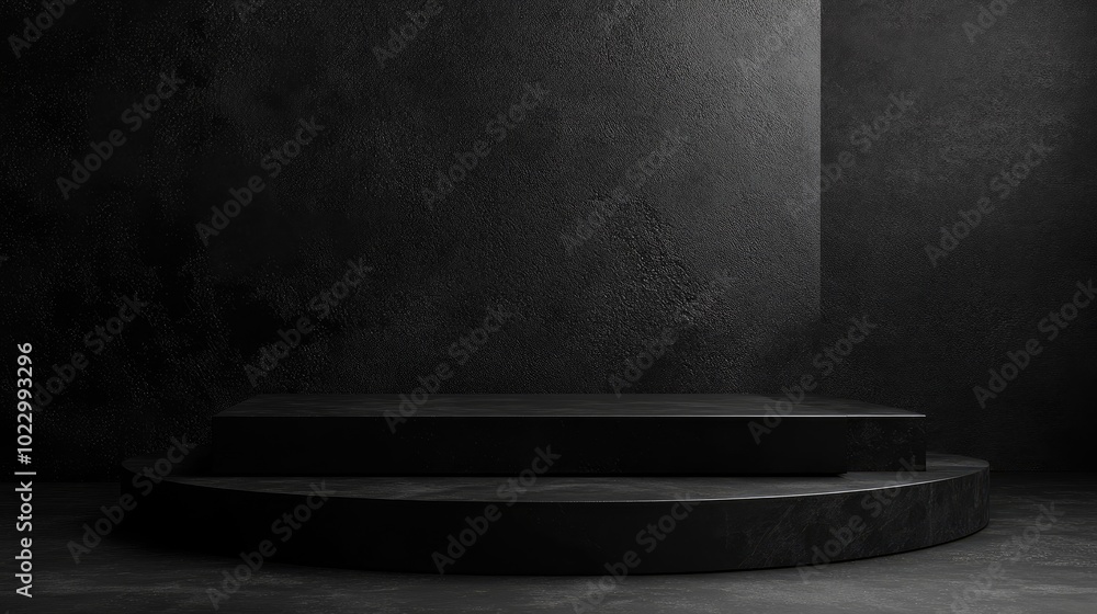 Poster 3D rendered black geometric display platform with a dark backdrop