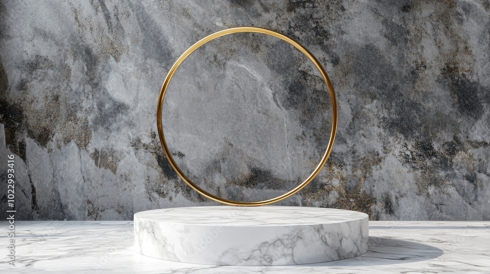 Poster 3D rendering of a white marble pedestal with a golden circular frame