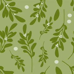 Seamless pattern with mistletoe with white berries