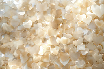 Colorful background of glittery heart shapes various colors. Valentine's Day backdrop. bright array of beige hearts on abstract background. Festive wallpaper for birthday, wedding design.