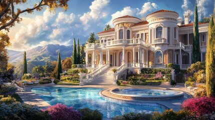 A grand mansion with a pool and a hot tub.