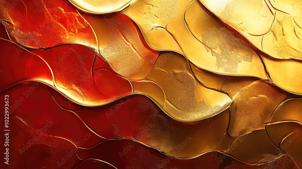 Poster 3d fractal design featuring a gold metallic finish in a modern style against a vibrant red backdrop 