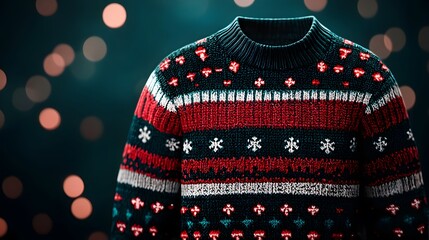 A vibrant Christmas sweater with bold red, green, and white patterns set against a soft bokeh background. Ugly Christmas sweaters