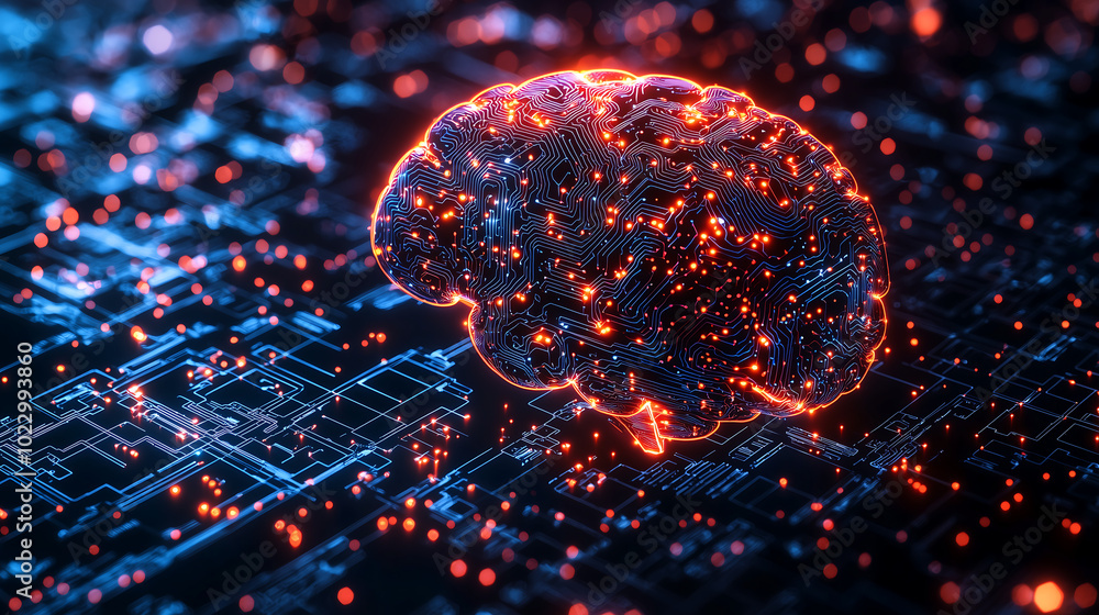 Poster conceptual ai brain made of digital circuits with neon lights in a futuristic cyber network