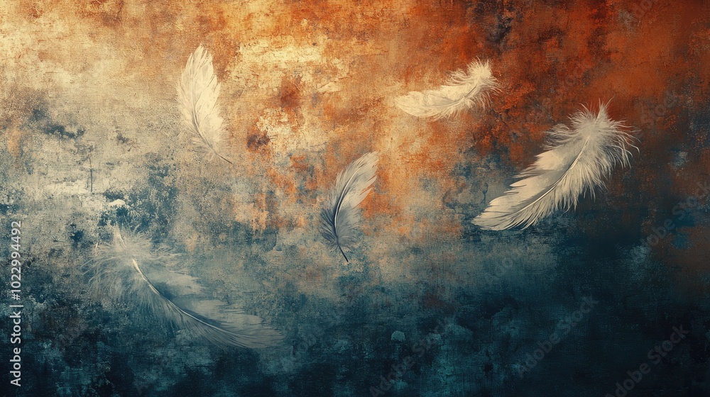 Poster Abstract artwork featuring floating feathers against a textured background suitable for print wallpaper photo wallpaper or murals