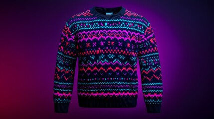 Christmas sweater showcases vivid patterns against a dark background, radiating festive joy. The atmosphere is lively and playful.