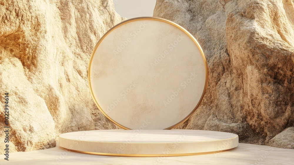 Aufkleber 3D render of an abstract background featuring an empty circular stage golden arch and winding road Modern minimalist display scene with a round platform for showcasing luxury products