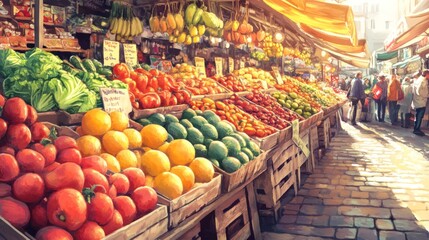 Obraz premium A vibrant market scene filled with fresh fruits and vegetables, bustling with shoppers.