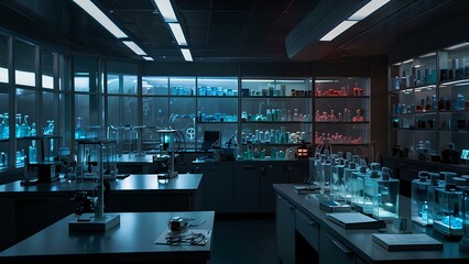 Modern Laboratory with Blue Light and High-Tech Equipment for Scientific Research