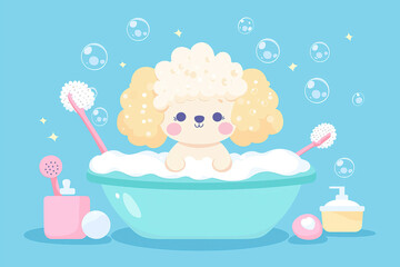 Naklejka premium Cute little poodle taking a bath in a plastic bowl with soap foam, bubbles and grooming tools, such as hair dryer, scissors, shampoo, brushes, combs. Hand drawn doodle pet grooming salon illustration