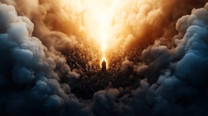 Silhouette of a robed figure surrounded by dark clouds with a bright light in the center, creating a dramatic, ethereal atmosphere.