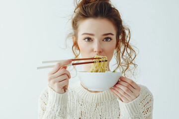 Young woman enjoying noodles with chopsticks on white background