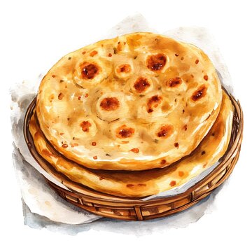 Watercolor Painting of Indian Flatbread Naan in a Basket.