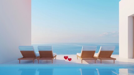 Fototapeta premium Two Loungers by the Pool Overlooking the Ocean