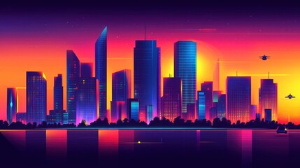 A vibrant city skyline at sunset with colorful lights and futuristic elements.