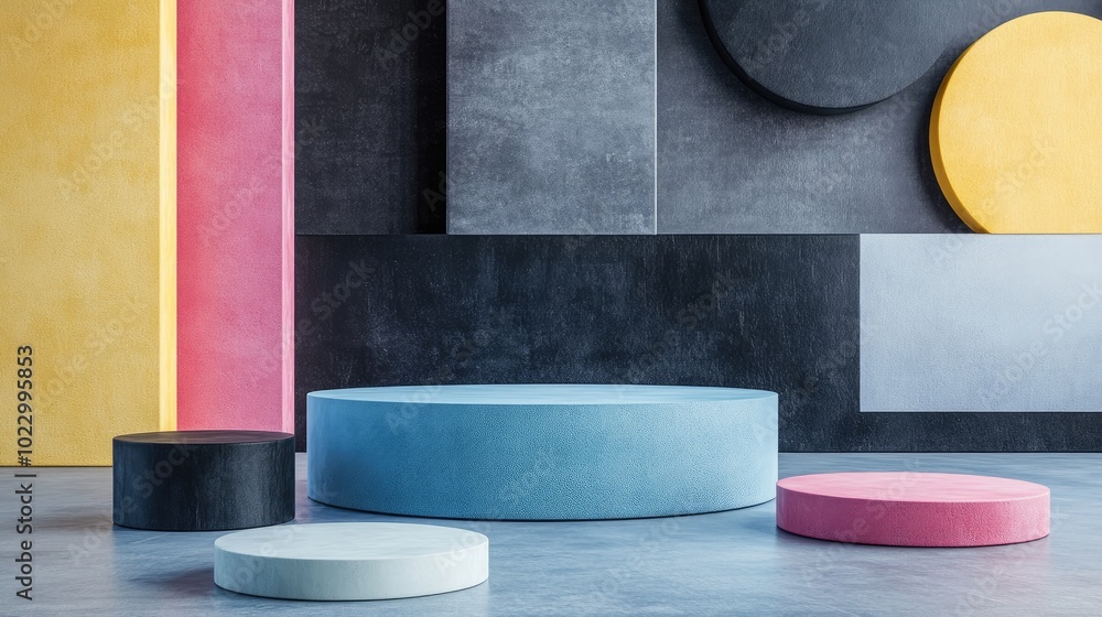 Poster 3D render of abstract colorful geometric shapes featuring a blank product display mockup with an empty stage and a round podium providing ample copy space Assorted blocks in pink blue yellow and b