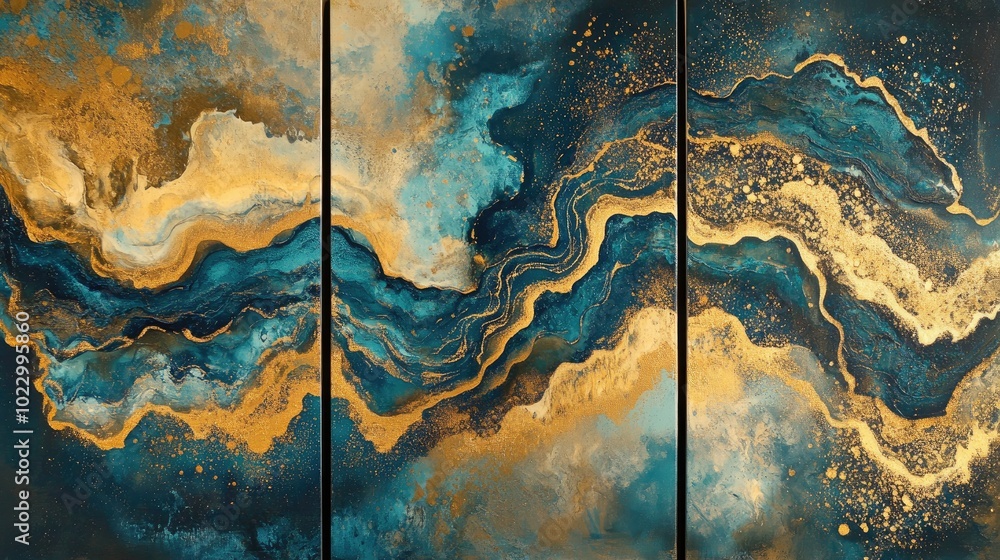 Poster abstract retro triptych design featuring artistic patterns in gold and blue tones