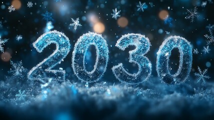 Frozen 2030: A crystalline vision of the future, the numbers 2030 shimmer in a wintry landscape, with snowflakes dancing in the air. This image evokes a sense of anticipation, progress.