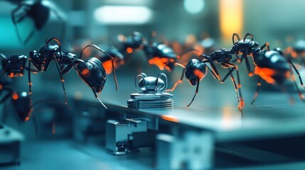 A group of robotic ants working together to move a small object in a laboratory setting, with precise