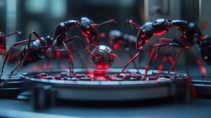A group of robotic ants working together to move a small object in a laboratory setting, with precise